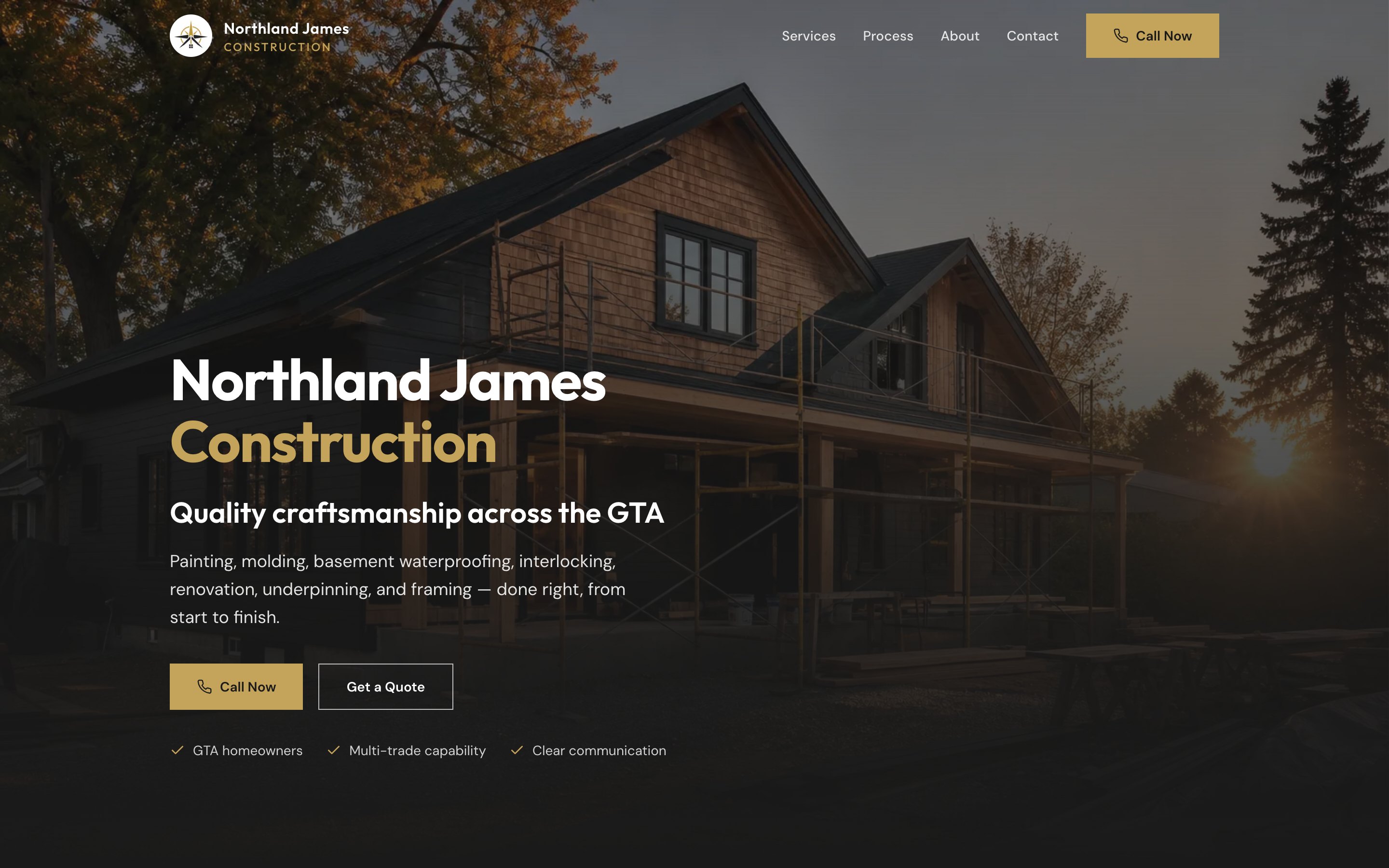 Northland James Construction homepage with quote and call CTAs