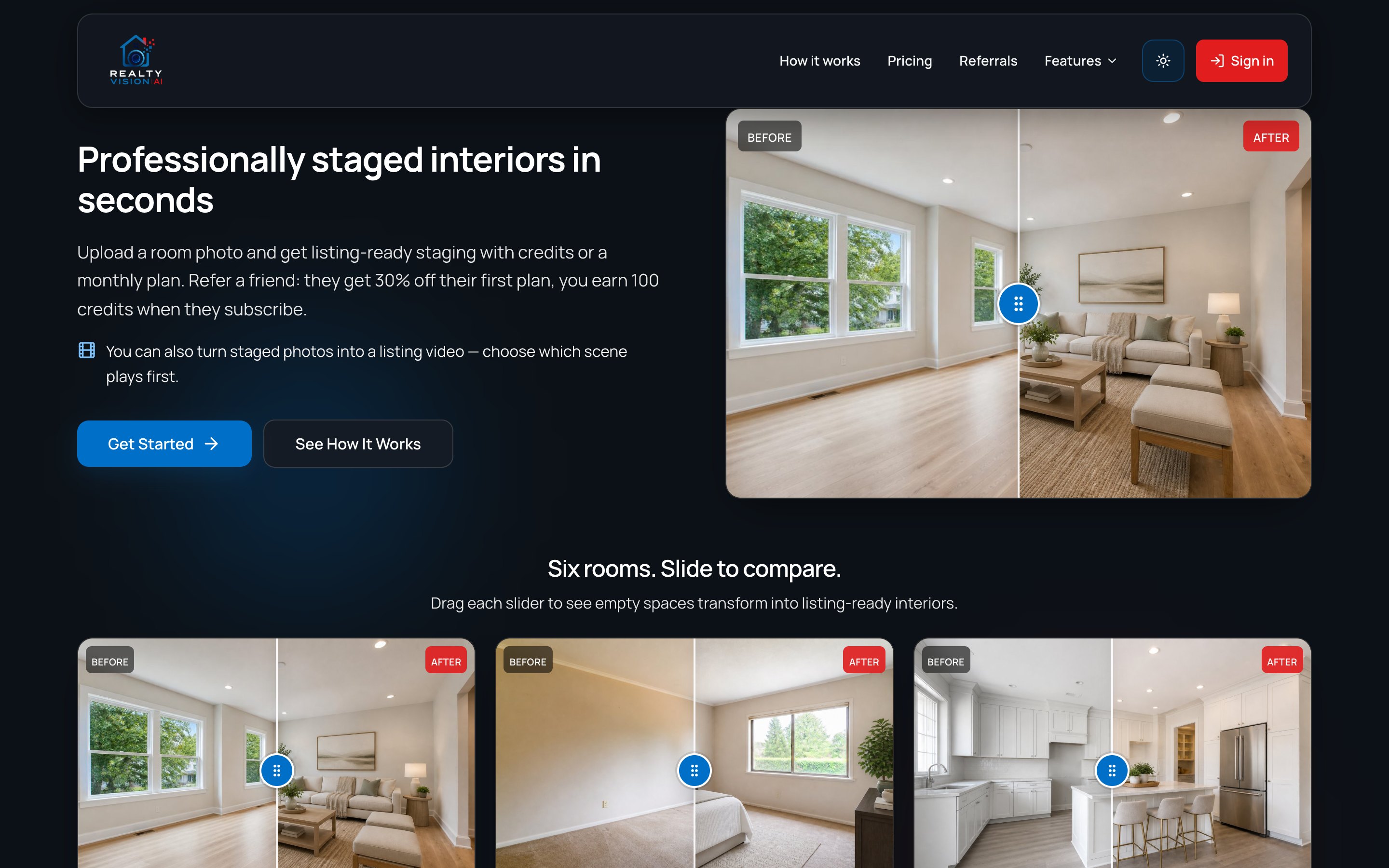 RealtyVisionAI dark-mode homepage with before-and-after staging